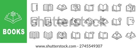 Books outline icon set featuring open book, textbook, notebook, dictionary, research, education and learning symbols editable stroke line design
