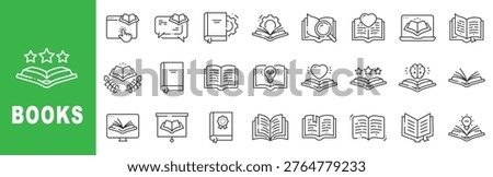 Books outline icon set featuring open book, ebook, textbook, research, education, knowledge and learning symbols editable stroke line design
