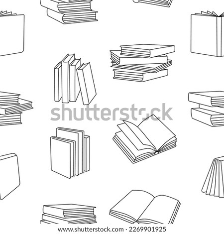 Books outline seamless pattern. Closed and open books line background. Literature, dictionaries, planners hand drawn pattern. Vector illustration