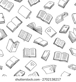 Esboço de esboço de livros. Padrão contínuo. Livraria, símbolos de linha de biblioteca.