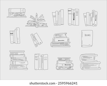 Books outline sketch set. Bookstore, library line symbols. Pile of books silhouettes. Closed and open books. Library, book shop icons. Set of books doodles. Hand drawn library doodle set. Vintage 