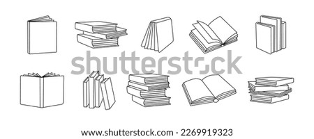 Books outline sketch set. Bookstore, library line symbols. Pile of books silhouettes. Closed and open books. Library, book shop icons. Foto stock © 