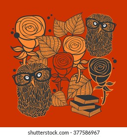 Books and owls on the floral background. Vector illustration wit wild bird in romantic eyeglasses.