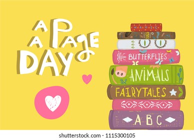 Books and Pages Fun Literature Design. Colorful background for greeting card or library. Vector cartoon.