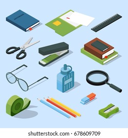 Books, paper documents in folders, and other base stationary elements set. Vector isometric office equipment