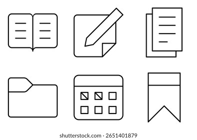 Books and Paper Materials Icon Set, such as book, writing paper, paper, folder, class schedule, and bookmark