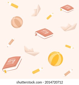 Books, paper ship, balls, pencils. Pattern with baby toys. Preschool illustration on beige background.