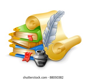 Books, papyrus with feather pen and ink pot. Isolated on white background.