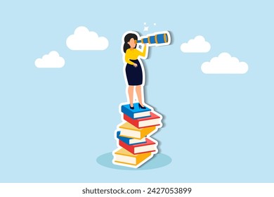 Books Path to career growth, offering wisdom for visionary leaders, fostering leadership and seizing opportunities concept, confidence businesswoman leader on high books stack look through telescope.