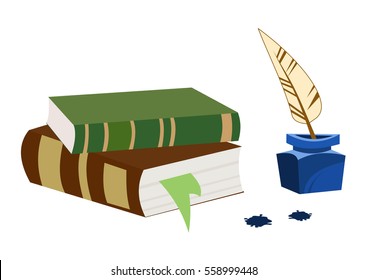 Books, pen, ink and blot. Vector illustration isolated on white background.