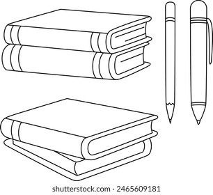 Libros y bolígrafo aislados sobre fondo blanco para colorear página para niños. Útiles escolares, papelería, Colección de Elementos de diseño