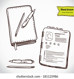 Books with pen and pencil. Office stuff set. Hand drawing sketch vector illustration