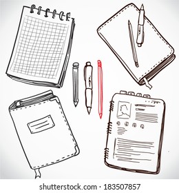 Books and pen   pencil  Office stuff set  Hand drawing sketch vector illustration