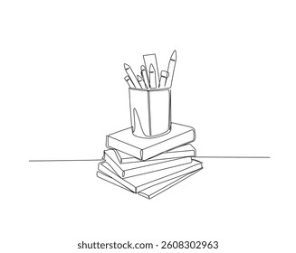 Books and pencil holder outline drawing illustration. one continuous line drawing of school equipment- stationery.