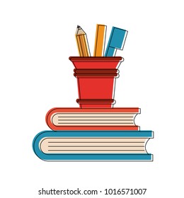 Books with pencil and markers cup