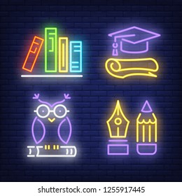 Books, pencil, owl, graduate cap neon signs set. Education and knowledge design. Night bright neon sign, colorful billboard, light banner. Vector illustration in neon style.