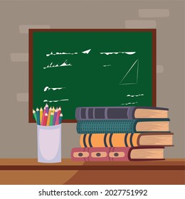 libros y lápices en aula