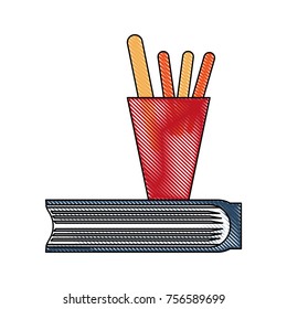Books with pencils cup