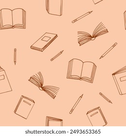 books and pencils seamless pattern. hand drawn doodle style.