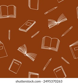 books and pencils seamless pattern. hand drawn doodle style. vector, minimalism, monochrome. reading, education, bookstore, science