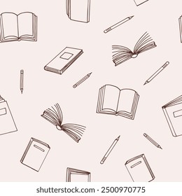 books and pencils seamless pattern. hand drawn doodle style.