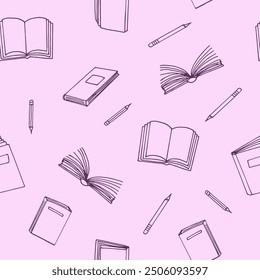 books and pencils seamless pattern. hand drawn doodle style.
