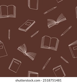 books and pencils seamless pattern. hand drawn doodle style. vector, minimalism, monochrome. reading, education, bookstore, science