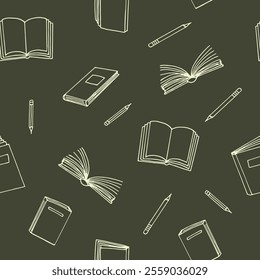 books and pencils seamless pattern. hand drawn illustration in  doodle style. vector, minimalism, monochrome. 