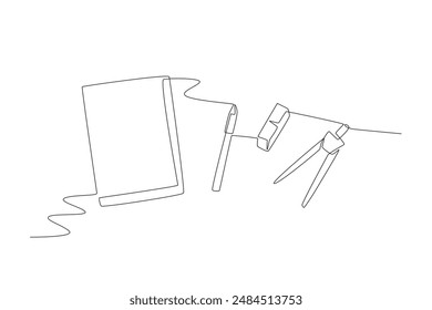 Books, pens, anchors and pencil erasers. School supplies concept one-line drawing