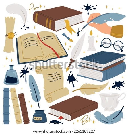 Books and pens flat icons set. Old stationery. Ink, inkwell and parchment. Writing feather and ink pen. Color isolated illustrations