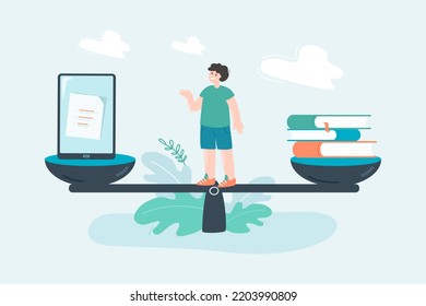 Books and phone balancing on scale flat vector illustration. Comparison of digital and paper media. Education, information concept for banner, website design or landing web page