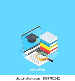 books with a piece of paper and a magnifying glass on a laptop, isometric image