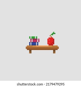 books pile and apple on wall shelf in pixel art style