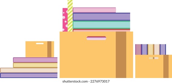 Los libros se apilan en cartón diseño vectorial plano