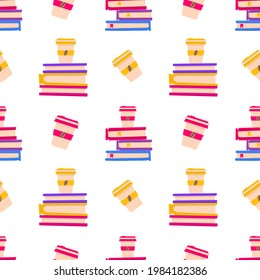 Books pile with coffee to go cup seamless pattern. 