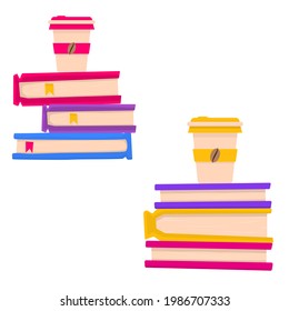 Books pile with coffee to go cup.