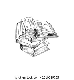 Books pile hand drawing in vintage sketch style vector illustration isolated on white background. Open hardcover book on a stack of education books. Black and white graphics