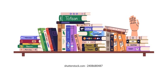 Books pile, heap in mess, disorder on shelf. Literature chaos on bookshelf, home library. Mix of art textbooks, many kids encyclopedias. Flat graphic vector illustration isolated on white background