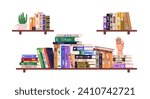 Books pile, heap on shelf. Bookshelves, home library. Many school textbooks, fiction and art literature for education, learning, studying. Flat graphic vector illustration isolated on white background
