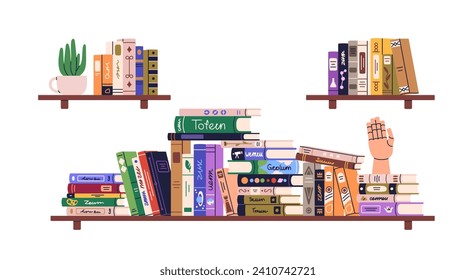 Books pile, heap on shelf. Bookshelves, home library. Many school textbooks, fiction and art literature for education, learning, studying. Flat graphic vector illustration isolated on white background