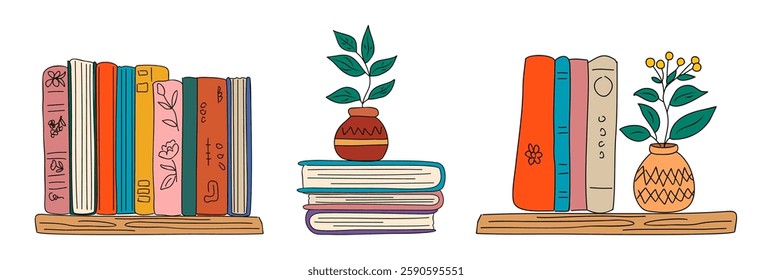 Books pile on shelf. Bookshelves, home library. Many school textbooks, fiction and art literature for education, learning, studying. Flat graphic vector illustration isolated on white background 