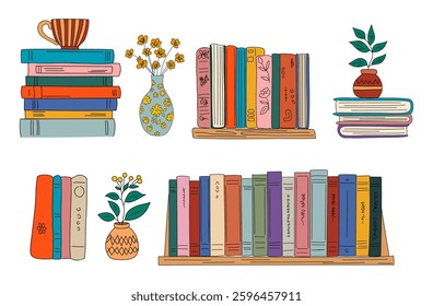 Books pile on shelf. Bookshelves, home library. Many school textbooks, fiction and art literature for education, learning, studying. Flat graphic vector illustration isolated on white background 