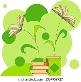 books piles and opened books in the form of flowers
