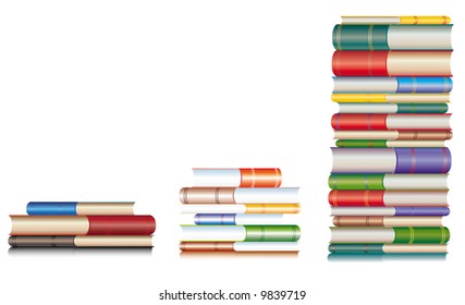 The Books. The Piles of the books. The White background.