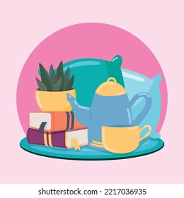 Books with pillows and teapot Hygge scenario Vector