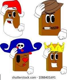 Books placing hand on head. Cartoon book collection with costume faces. Expressions vector set.