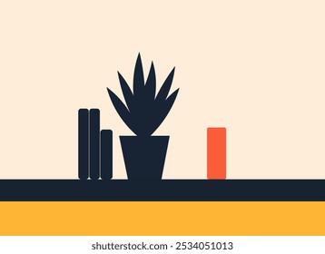 books and a plant in a pot on a table. minimalist vector graphic