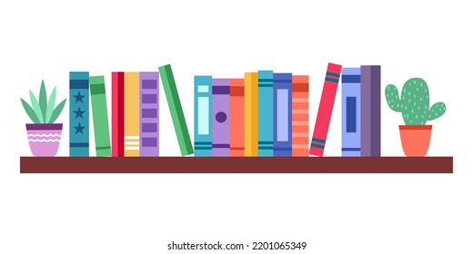 Books and plants on bookshelf in flat design on white background.