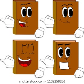 Books with pointing hand behind his back. Cartoon book collection with happy faces. Expressions vector set.