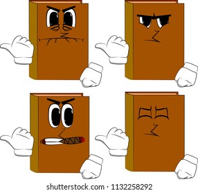 Books with pointing hand behind his back. Cartoon book collection with angry faces. Expressions vector set.